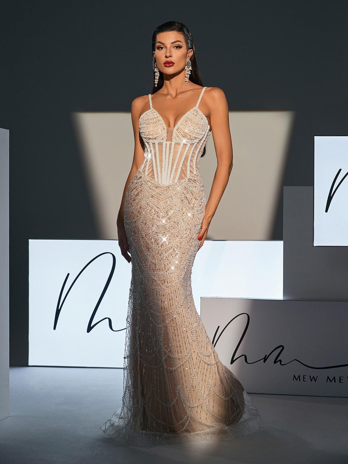 Sweetheart Neck Spaghetti Strap Pearl Sequin Mermaid Maxi Dress