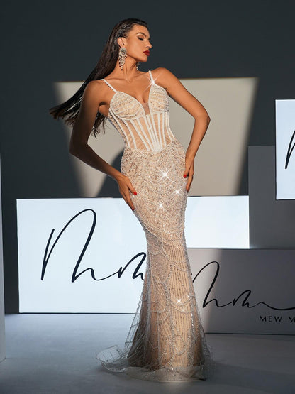 Sweetheart Neck Spaghetti Strap Pearl Sequin Mermaid Maxi Dress