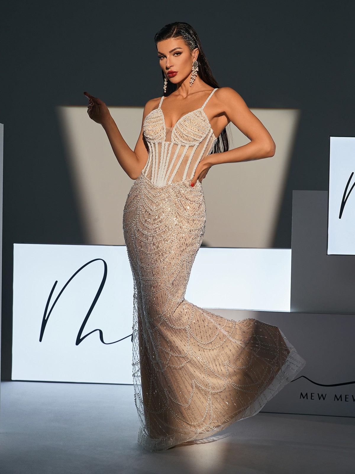 Sweetheart Neck Spaghetti Strap Pearl Sequin Mermaid Maxi Dress