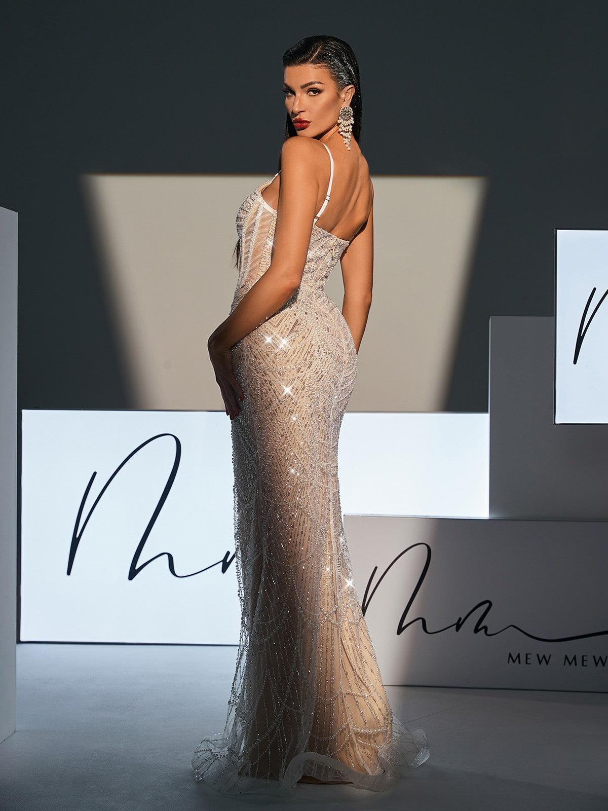 Sweetheart Neck Spaghetti Strap Pearl Sequin Mermaid Maxi Dress