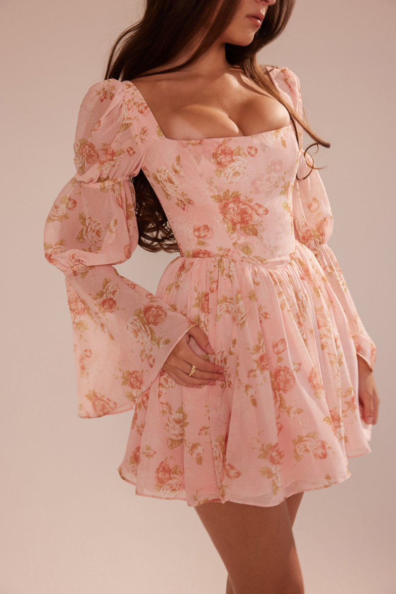 Square Neck Floral Print Bishop Sleeve Fit and Flare Mini Dress
