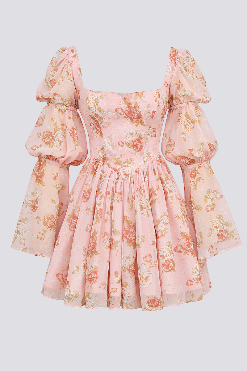 Square Neck Floral Print Bishop Sleeve Fit and Flare Mini Dress