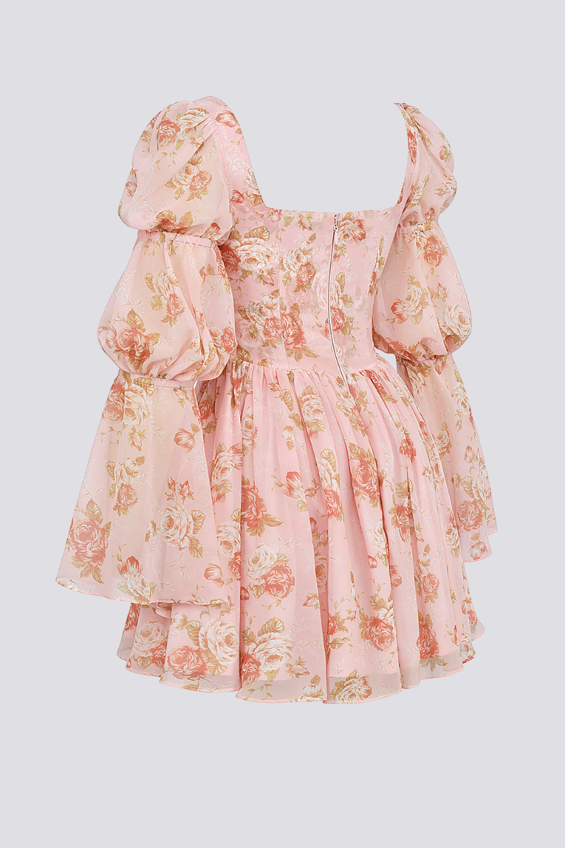 Square Neck Floral Print Bishop Sleeve Fit and Flare Mini Dress