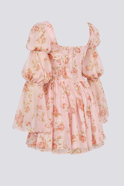 Square Neck Floral Print Bishop Sleeve Fit and Flare Mini Dress
