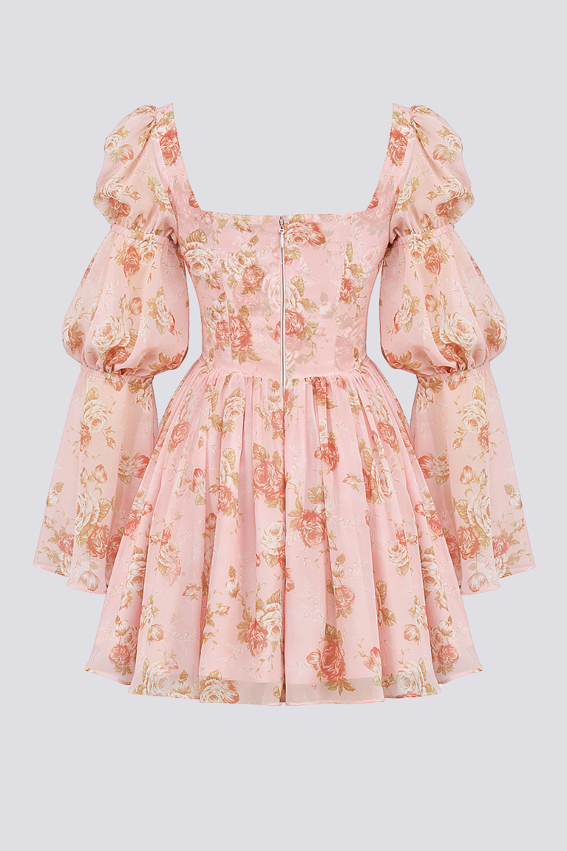 Square Neck Floral Print Bishop Sleeve Fit and Flare Mini Dress