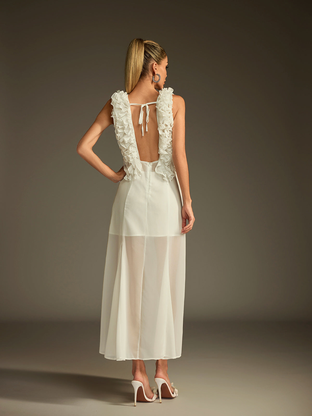 Deep V Ruffle Trim Plunge Godet Sheer Hem Midi Dress