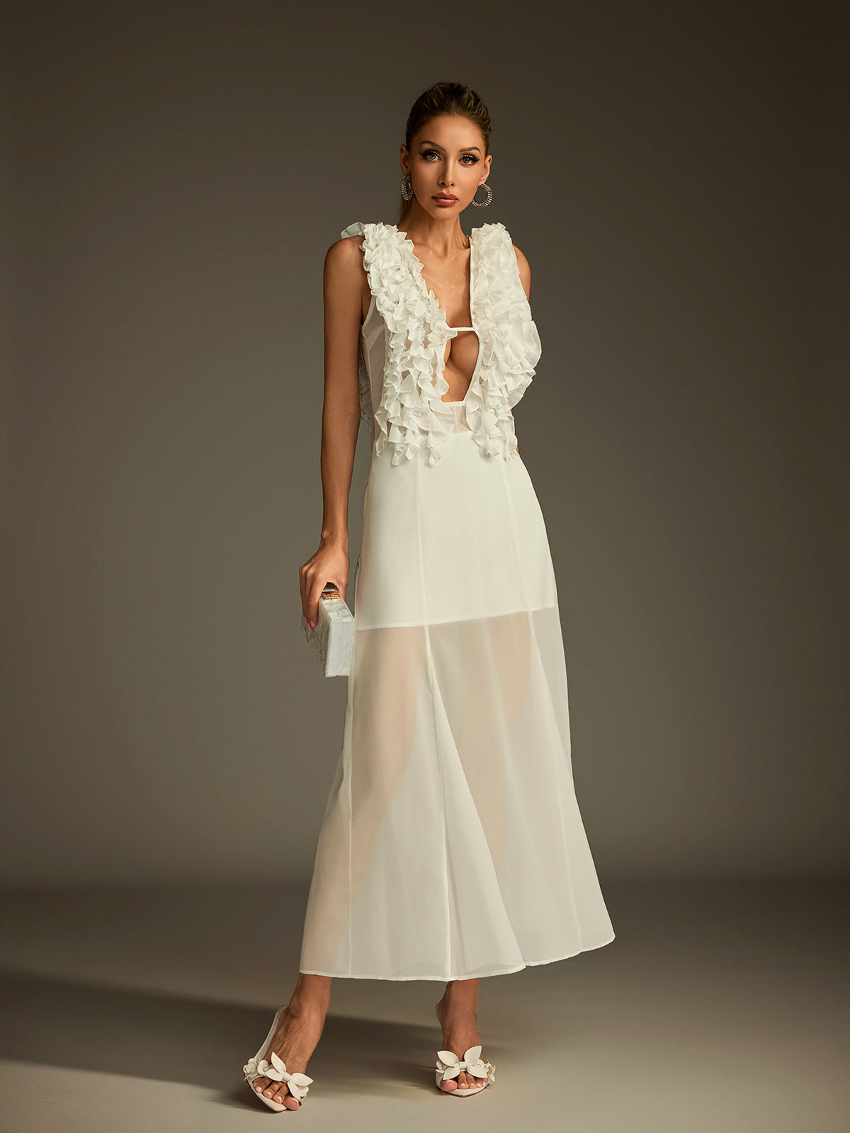Deep V Ruffle Trim Plunge Godet Sheer Hem Midi Dress