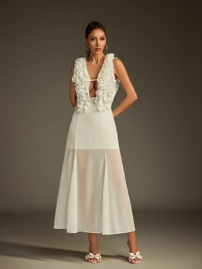 Deep V Ruffle Trim Plunge Godet Sheer Hem Midi Dress
