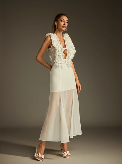 Deep V Ruffle Trim Plunge Godet Sheer Hem Midi Dress