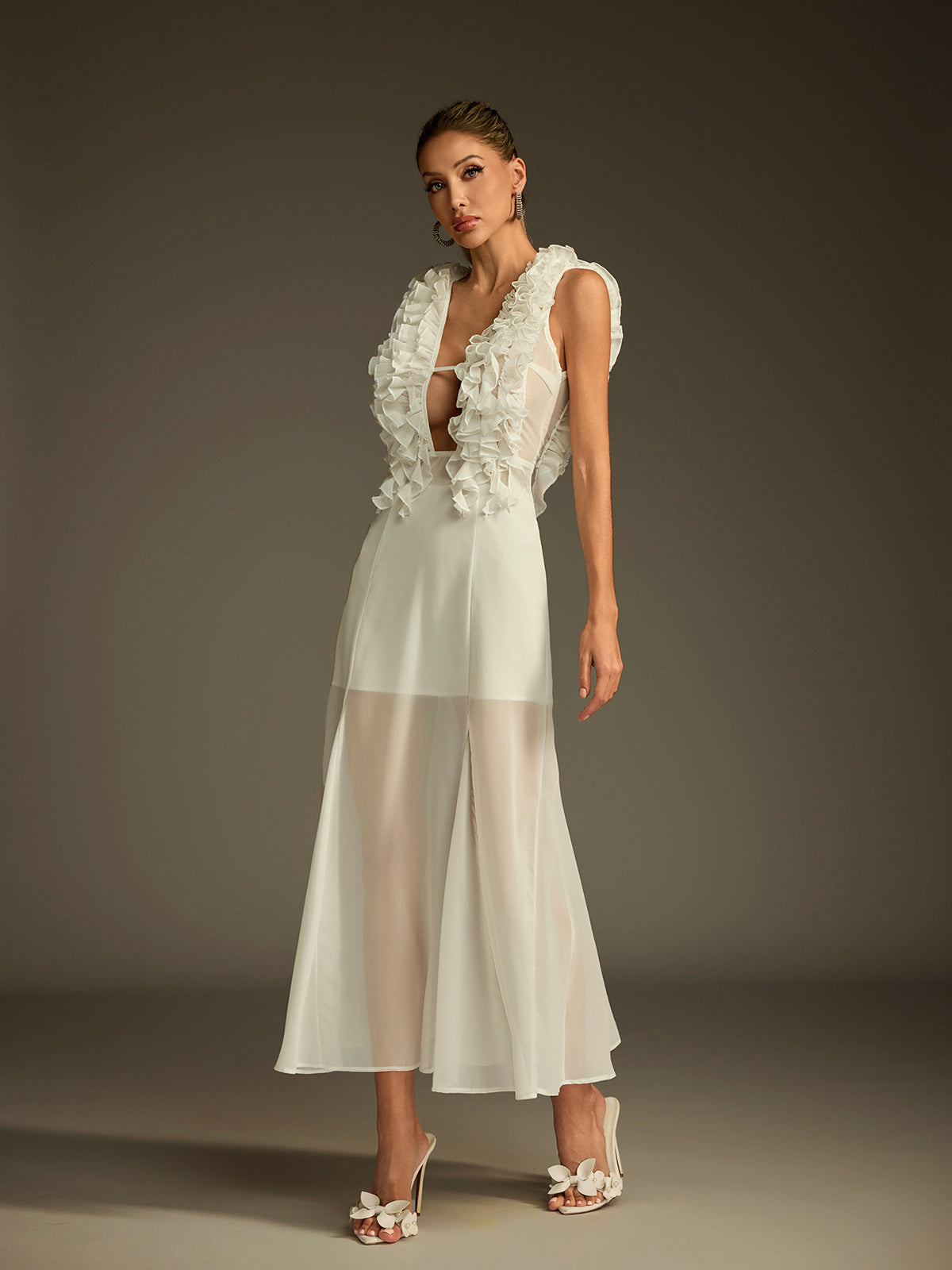 Deep V Ruffle Trim Plunge Godet Sheer Hem Midi Dress