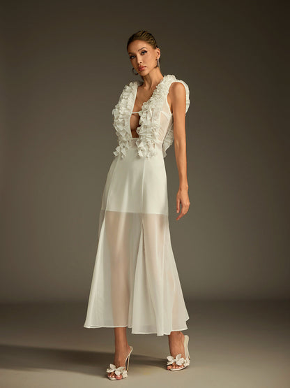 Deep V Ruffle Trim Plunge Godet Sheer Hem Midi Dress