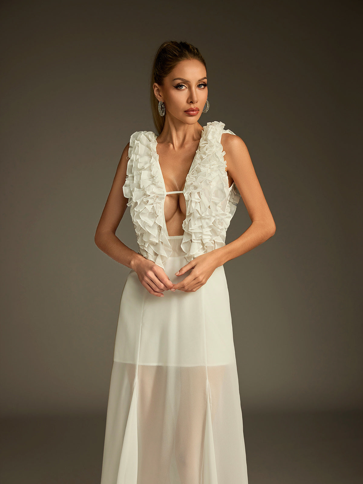 Deep V Ruffle Trim Plunge Godet Sheer Hem Midi Dress