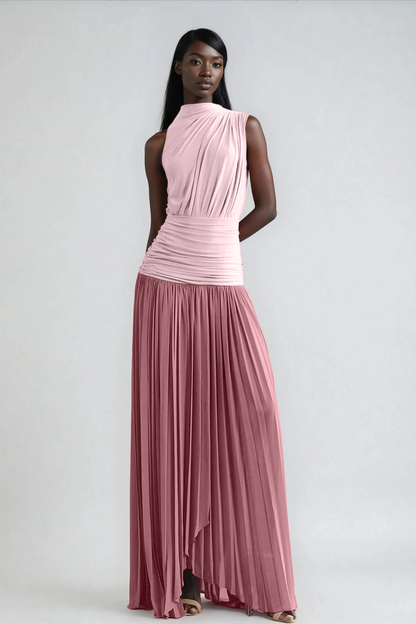 Mock Neck Sleeveless Diagonal Drape Ruched Waist Accordion Pleat Maxi Dress