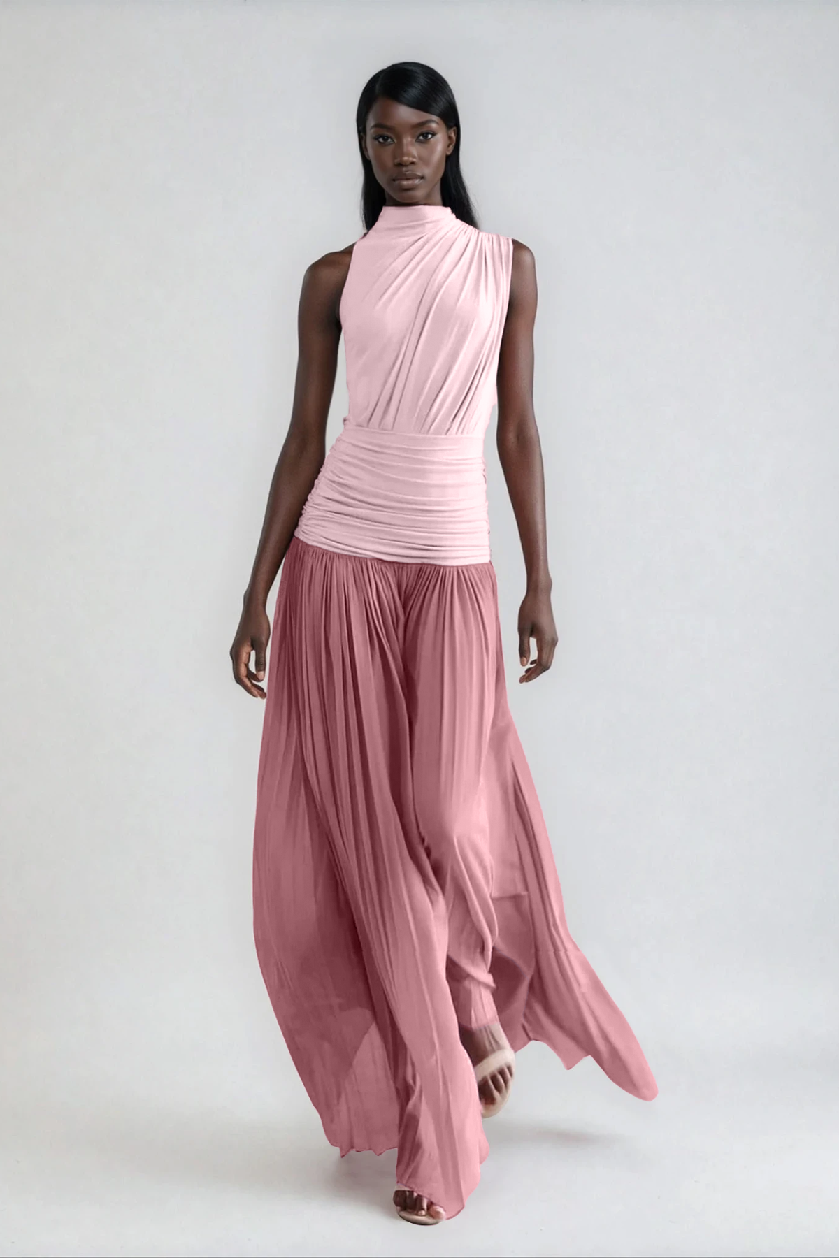 Mock Neck Sleeveless Diagonal Drape Ruched Waist Accordion Pleat Maxi Dress