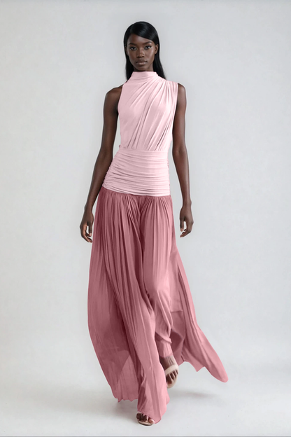 Mock Neck Sleeveless Diagonal Drape Ruched Waist Accordion Pleat Maxi Dress