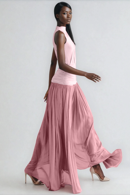 Mock Neck Sleeveless Diagonal Drape Ruched Waist Accordion Pleat Maxi Dress