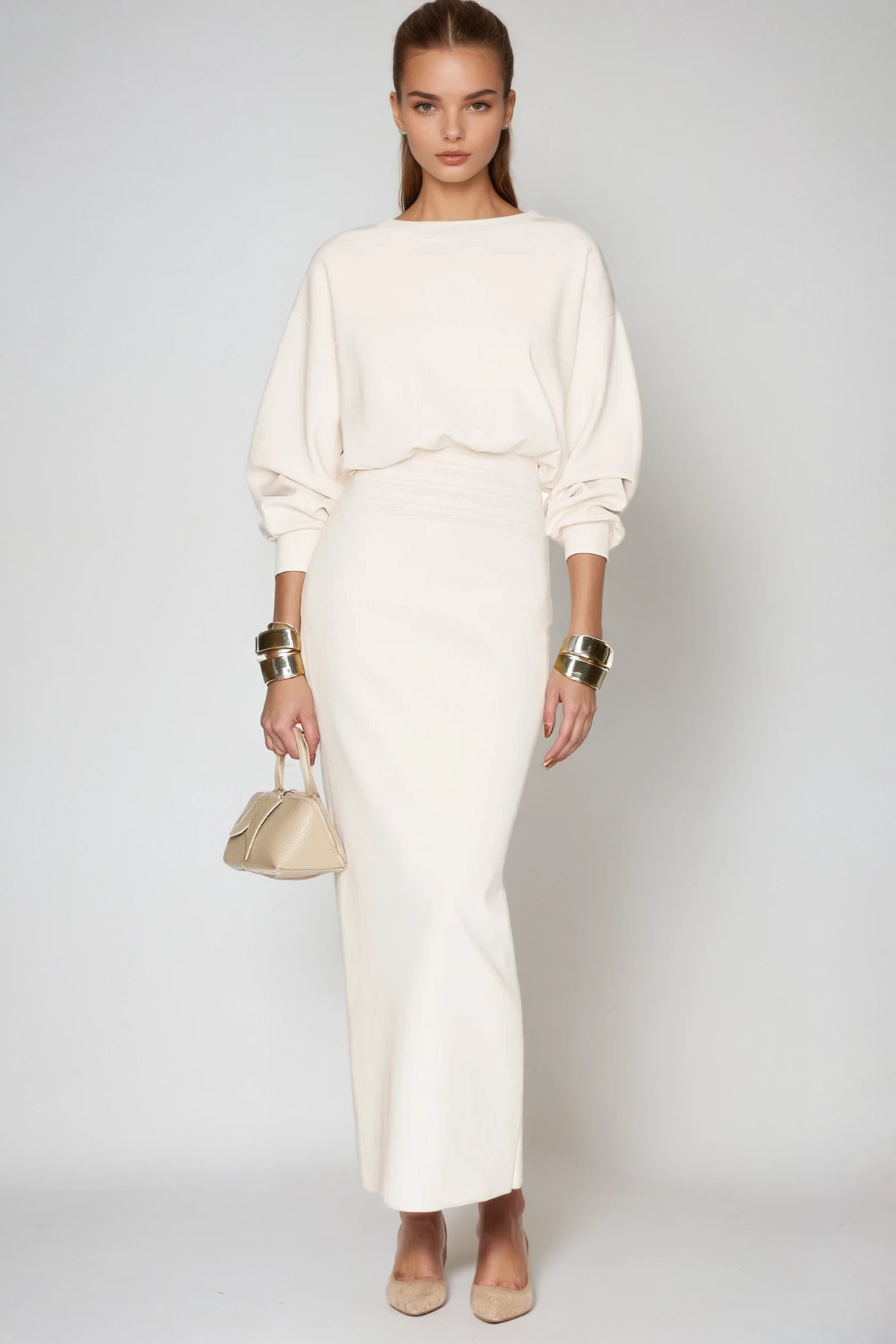 Boat Neck Balloon Sleeve Smocked Waist Column Maxi Dress