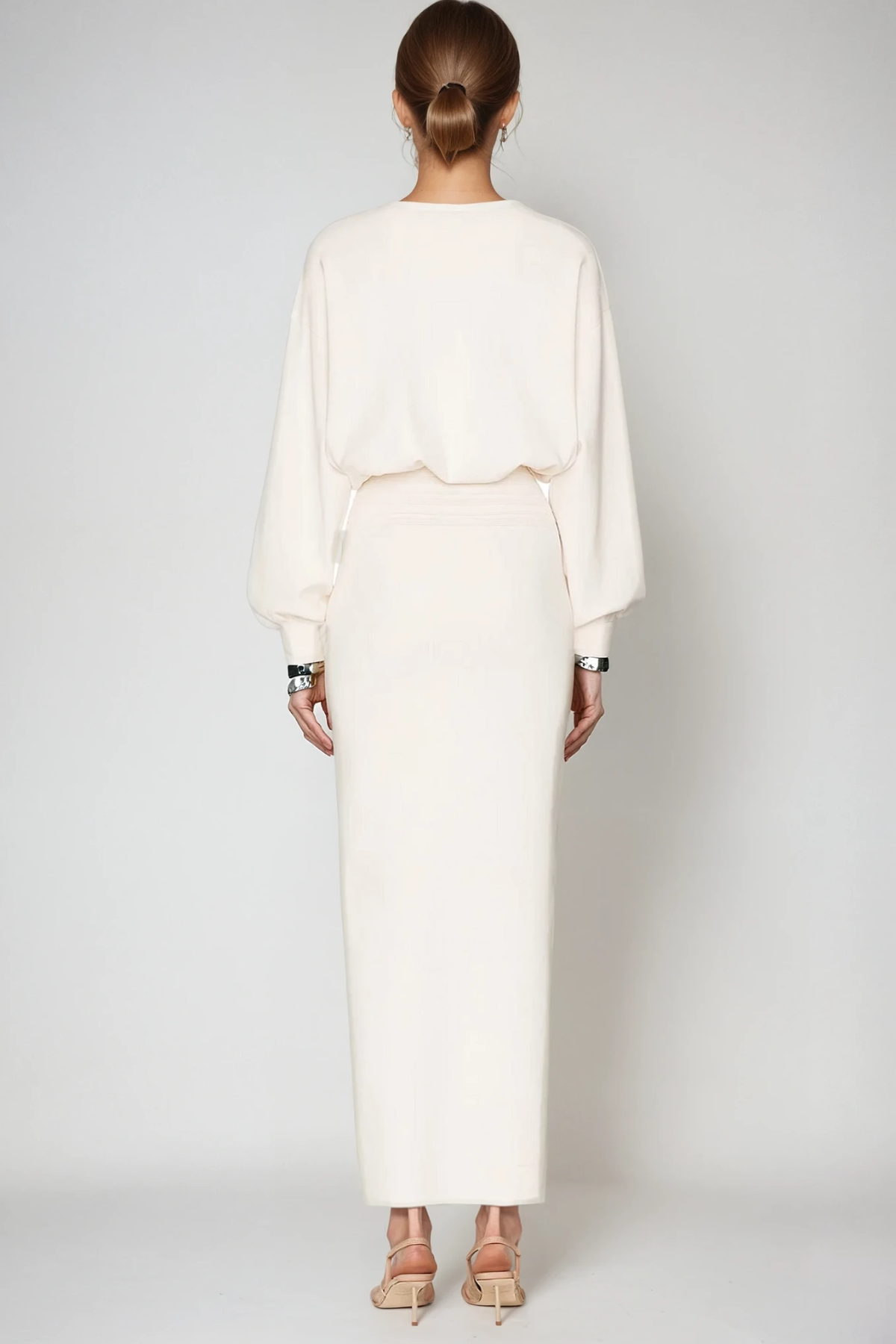 Boat Neck Balloon Sleeve Smocked Waist Column Maxi Dress