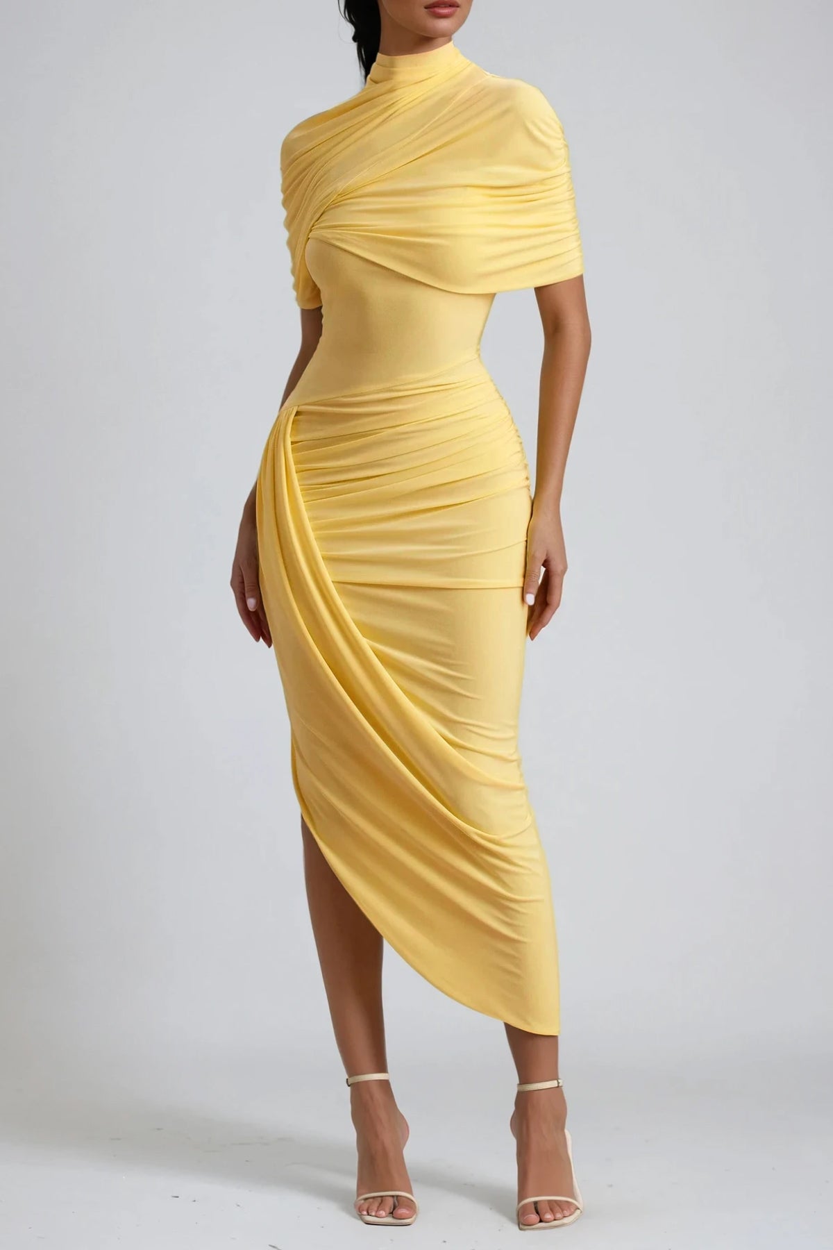 Mock Neck Draped Shawl Overlay Ruched Asymmetric Midi Dress