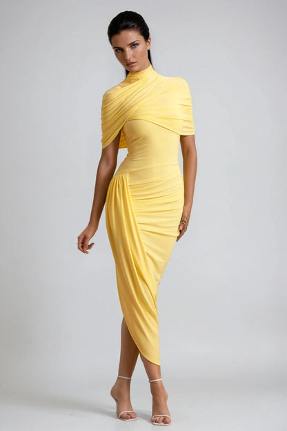 Mock Neck Draped Shawl Overlay Ruched Asymmetric Midi Dress