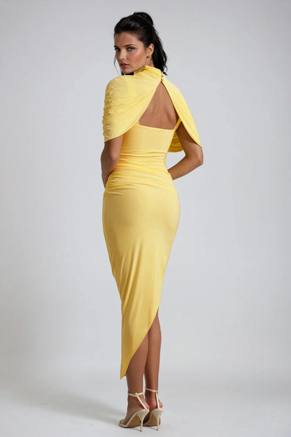 Mock Neck Draped Shawl Overlay Ruched Asymmetric Midi Dress