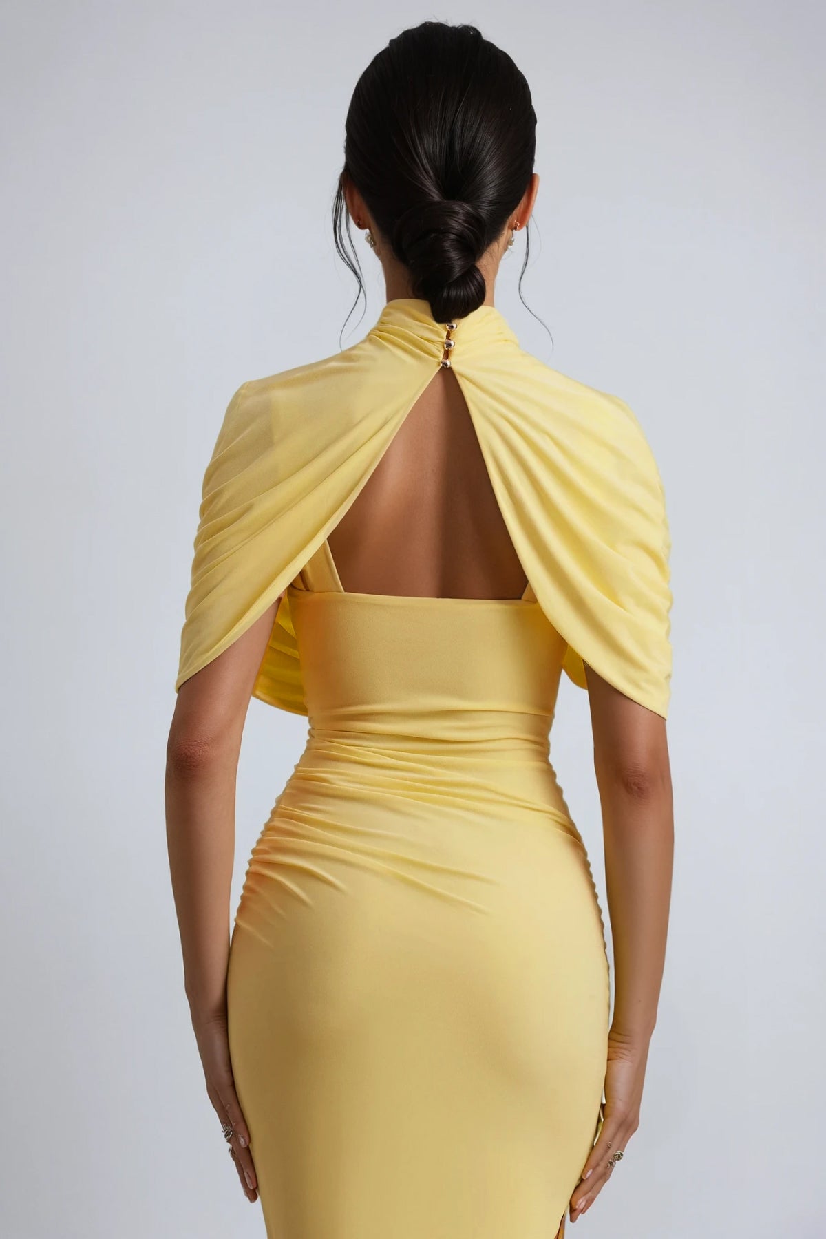 Mock Neck Draped Shawl Overlay Ruched Asymmetric Midi Dress