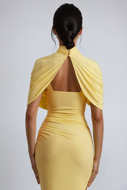 Mock Neck Draped Shawl Overlay Ruched Asymmetric Midi Dress