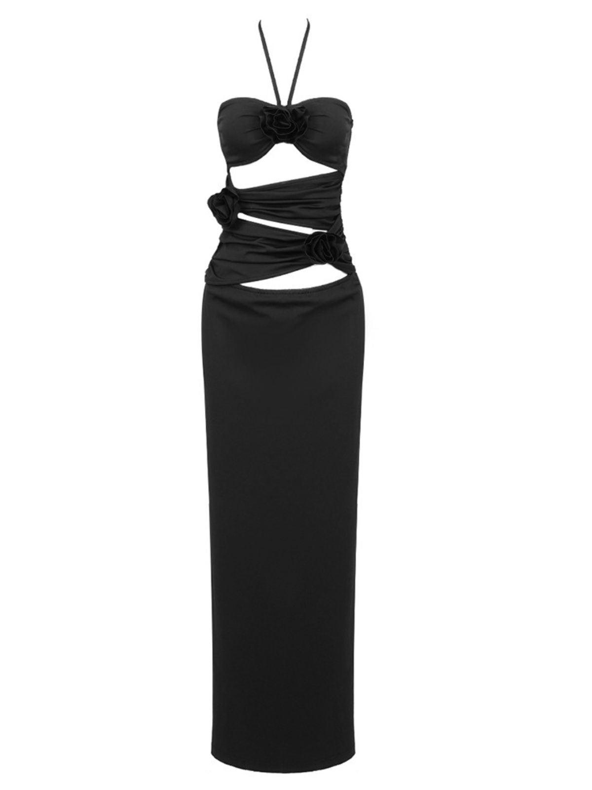 Halter Cutout 3D Rosette Applique Column Maxi Gown