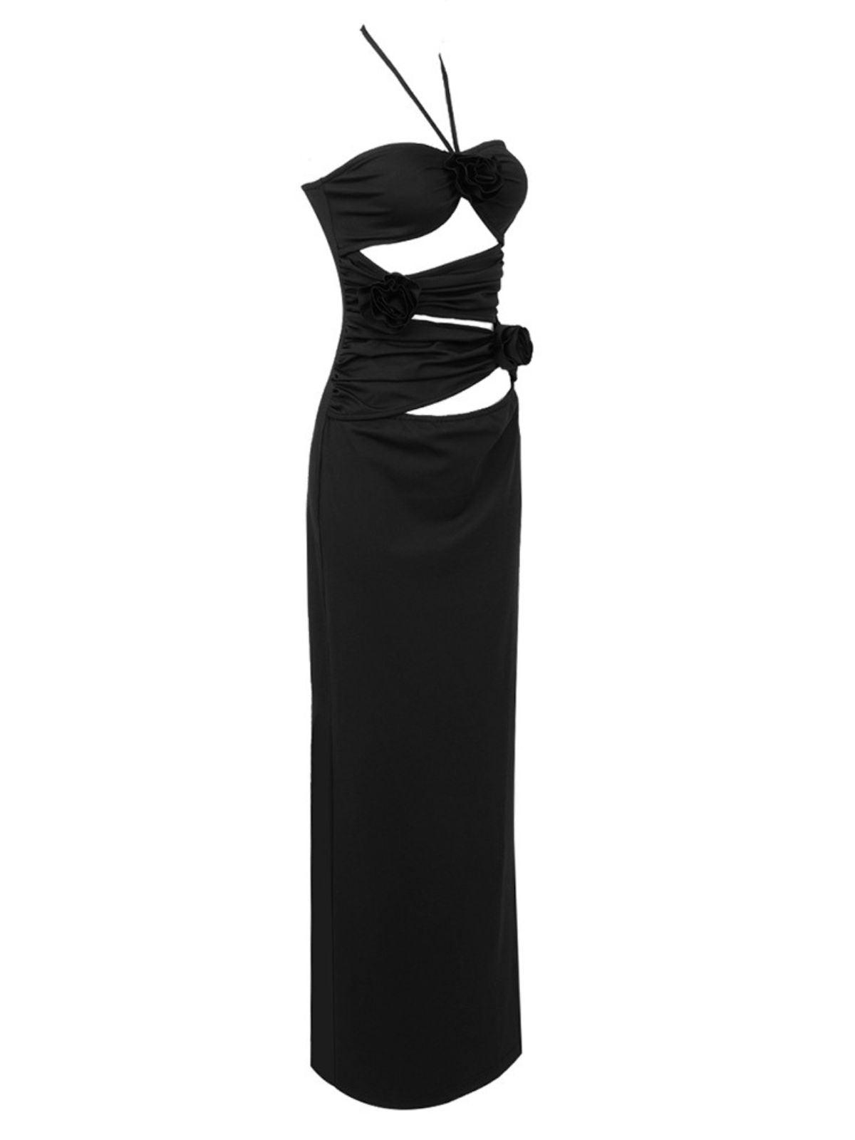 Halter Cutout 3D Rosette Applique Column Maxi Gown