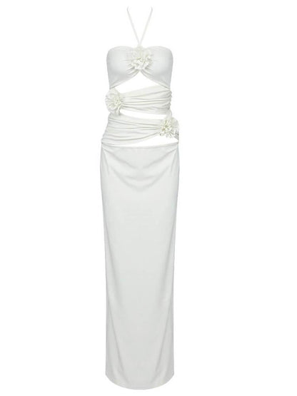 Halter Lace Up Side Cutout 3D Rosette Midi Dress
