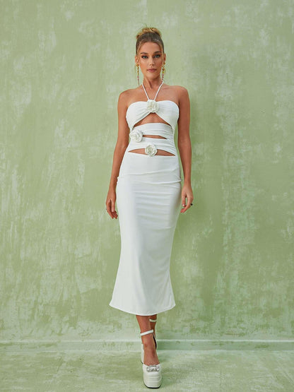 Halter Lace Up Side Cutout 3D Rosette Midi Dress