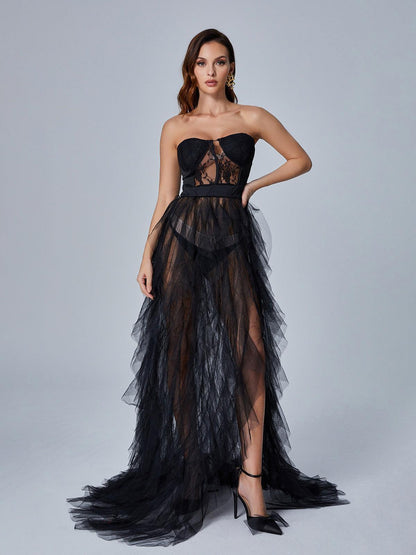 Tulle Layered Spaghetti Strap Maxi Dress