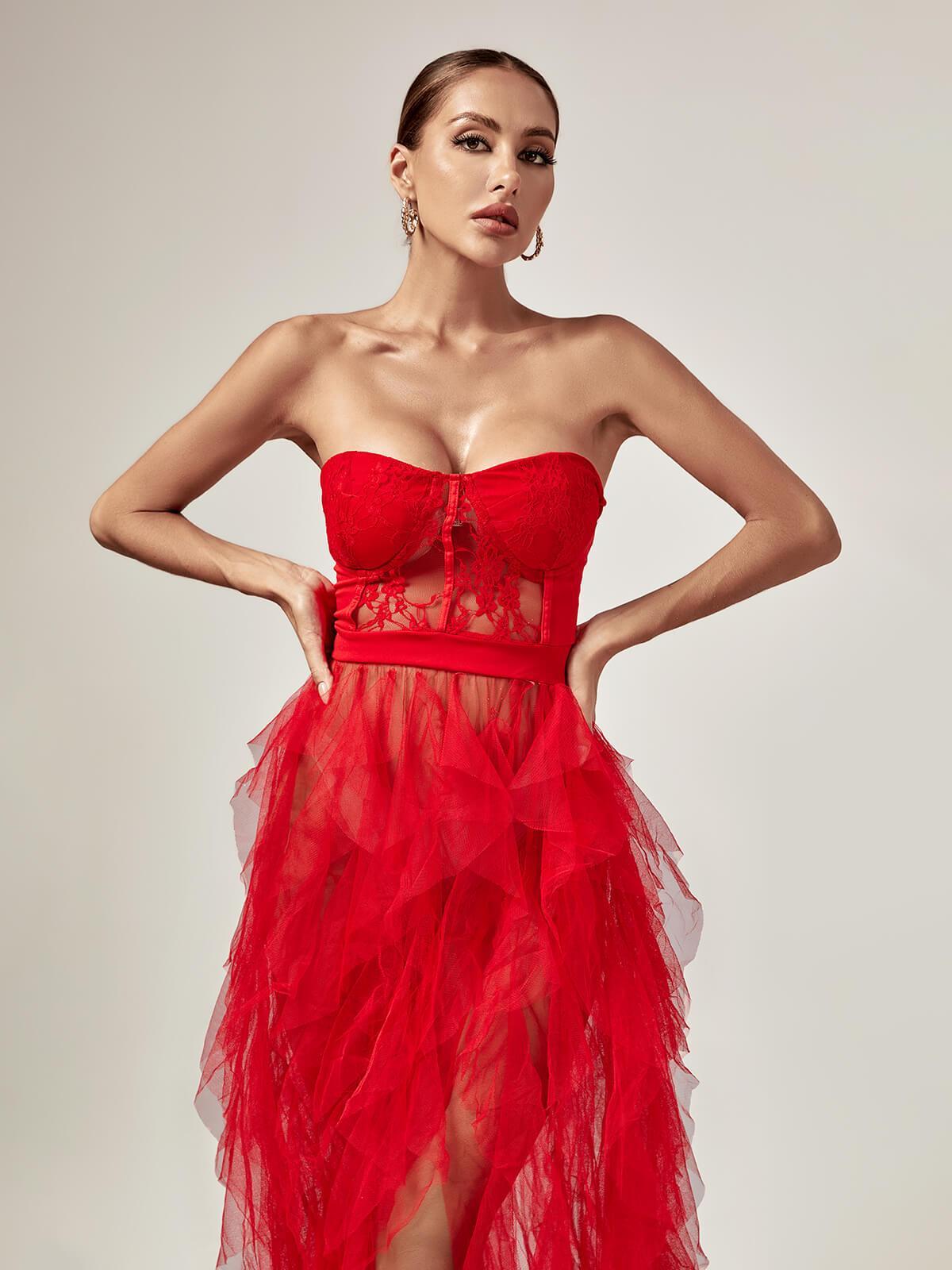 Strapless Corset Lace Tiered Tulle High Slit Train Maxi Gown