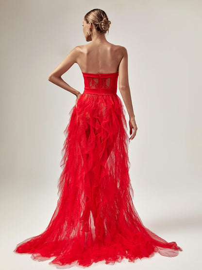 Strapless Corset Lace Tiered Tulle High Slit Train Maxi Gown
