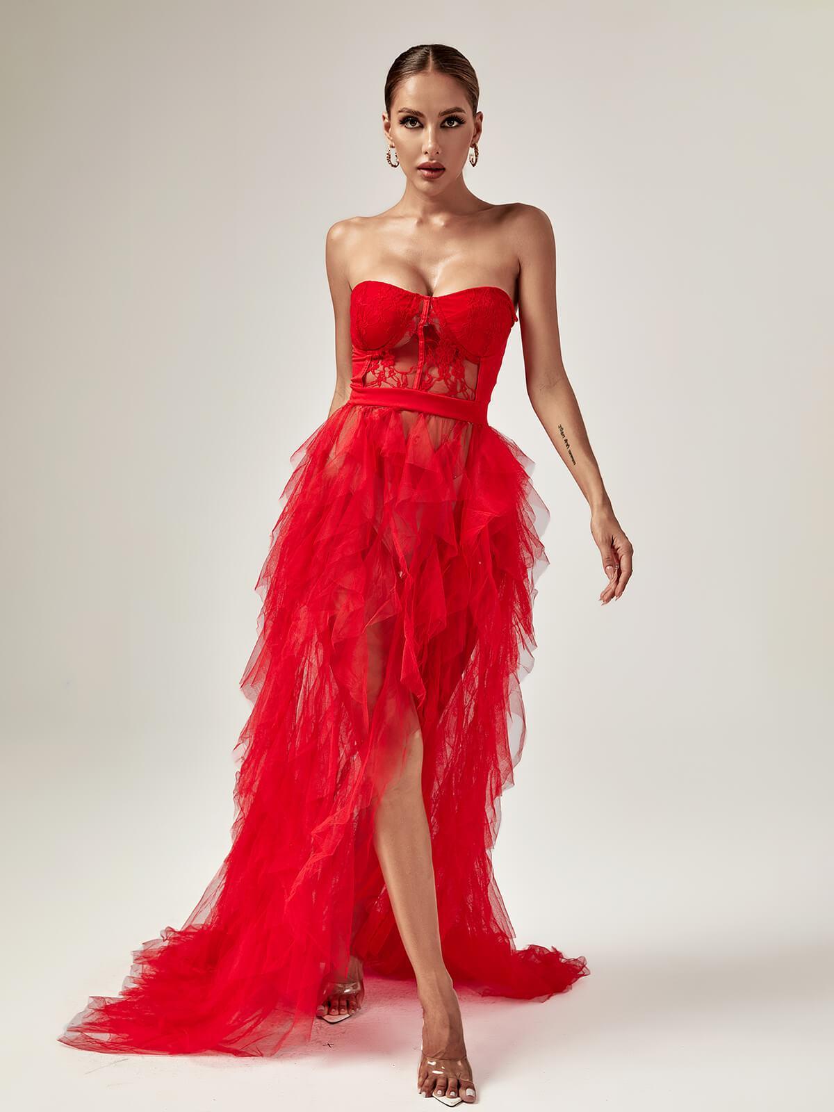 Strapless Corset Lace Tiered Tulle High Slit Train Maxi Gown