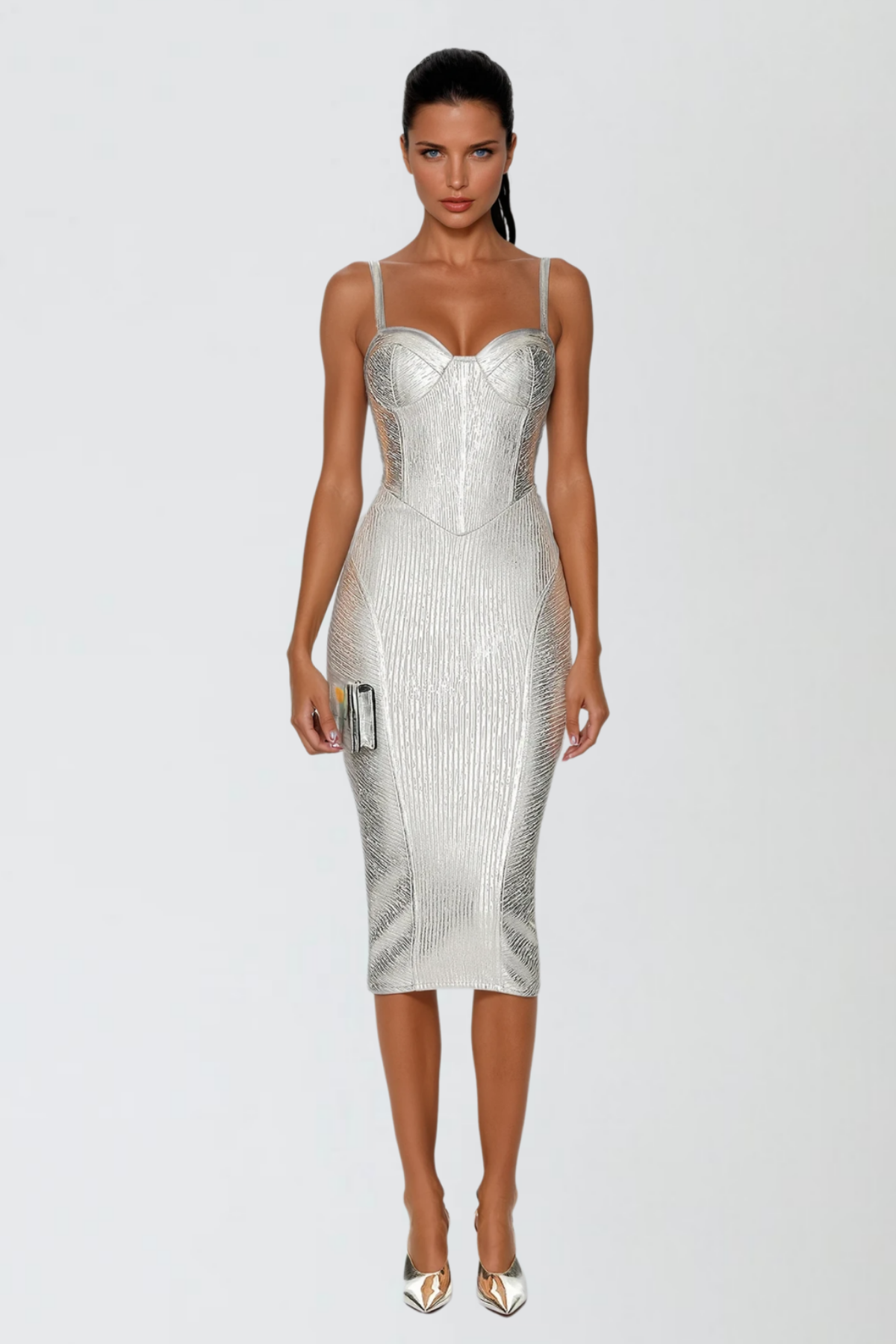 Spaghetti Strap Sweetheart Corset Basque Waist Ribbed Metallic Bandage Midi Dress