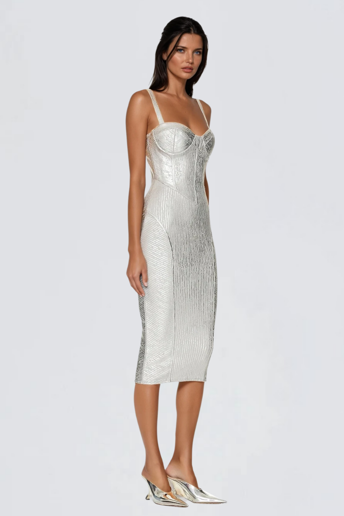 Spaghetti Strap Sweetheart Corset Basque Waist Ribbed Metallic Bandage Midi Dress