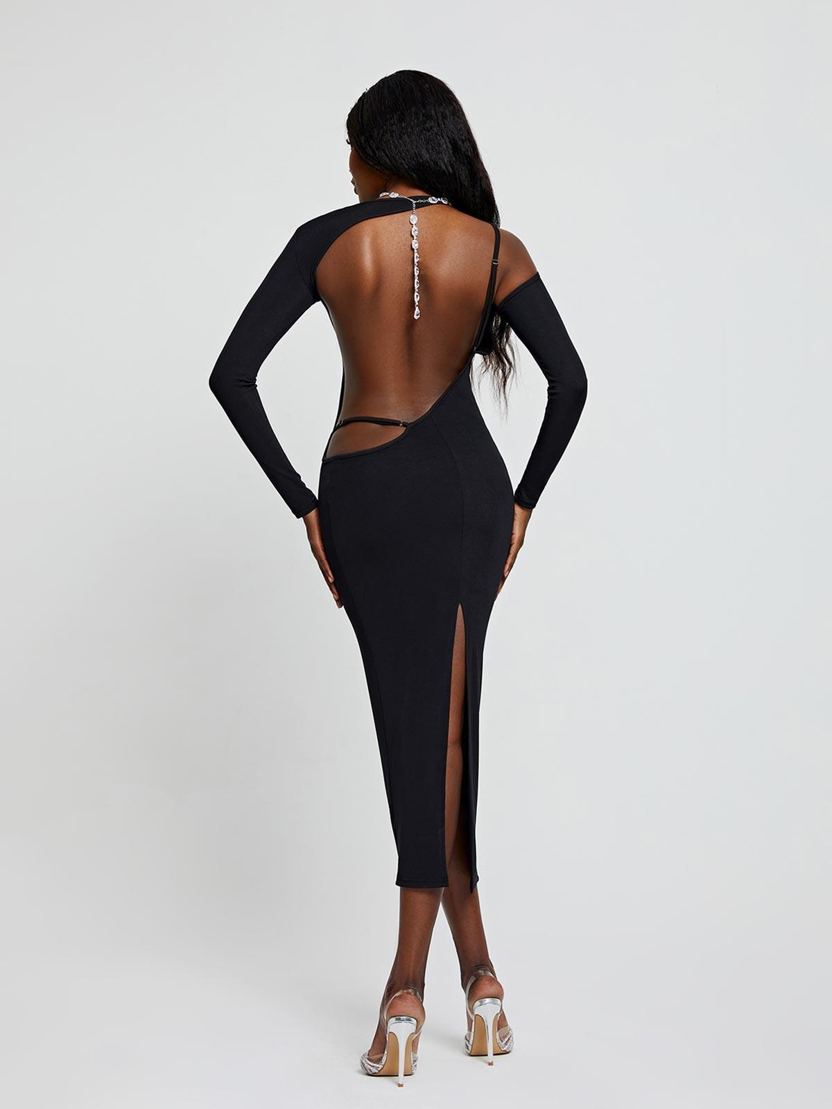 Crew Neck Long Sleeve Side Cutout High Slit Maxi Dress