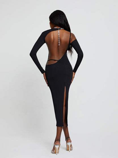 Crew Neck Long Sleeve Side Cutout High Slit Maxi Dress