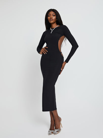 Crew Neck Long Sleeve Side Cutout High Slit Maxi Dress