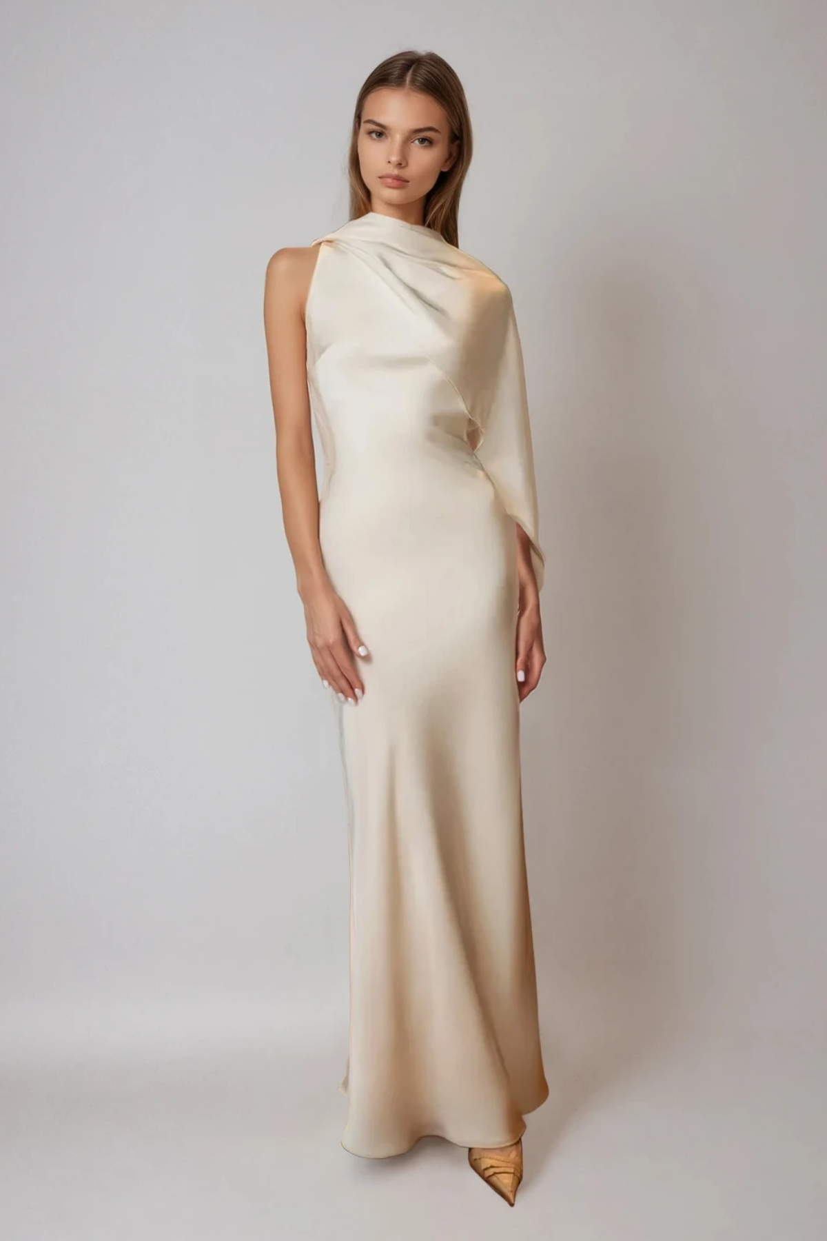 One Shoulder Draped Satin Cape Sleeve Column Maxi Gown