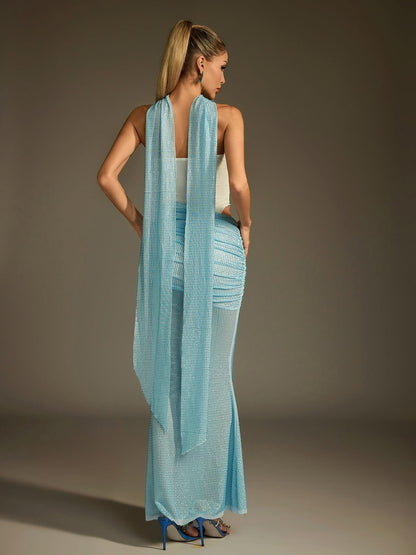 Strapless Crystal Mesh Panel Hip Drape Midi Gown with Choker Scarf Train