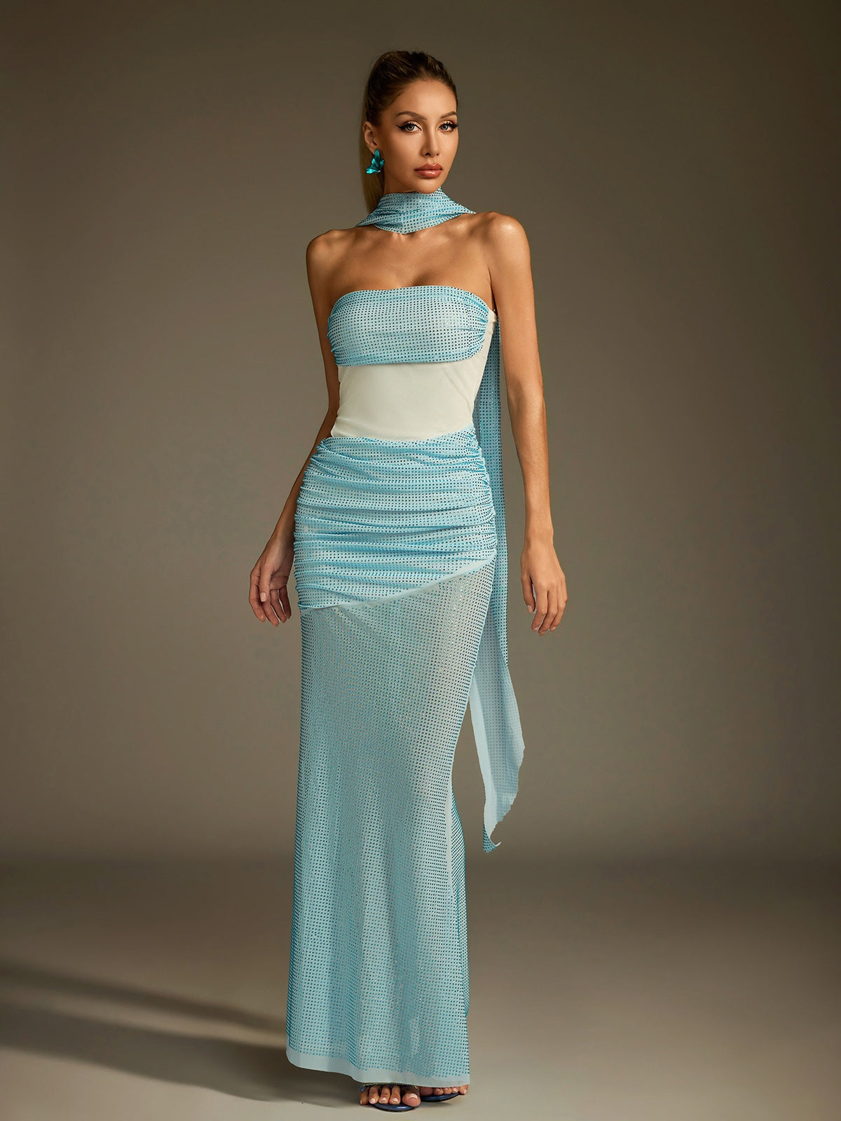 Strapless Crystal Mesh Panel Hip Drape Midi Gown with Choker Scarf Train