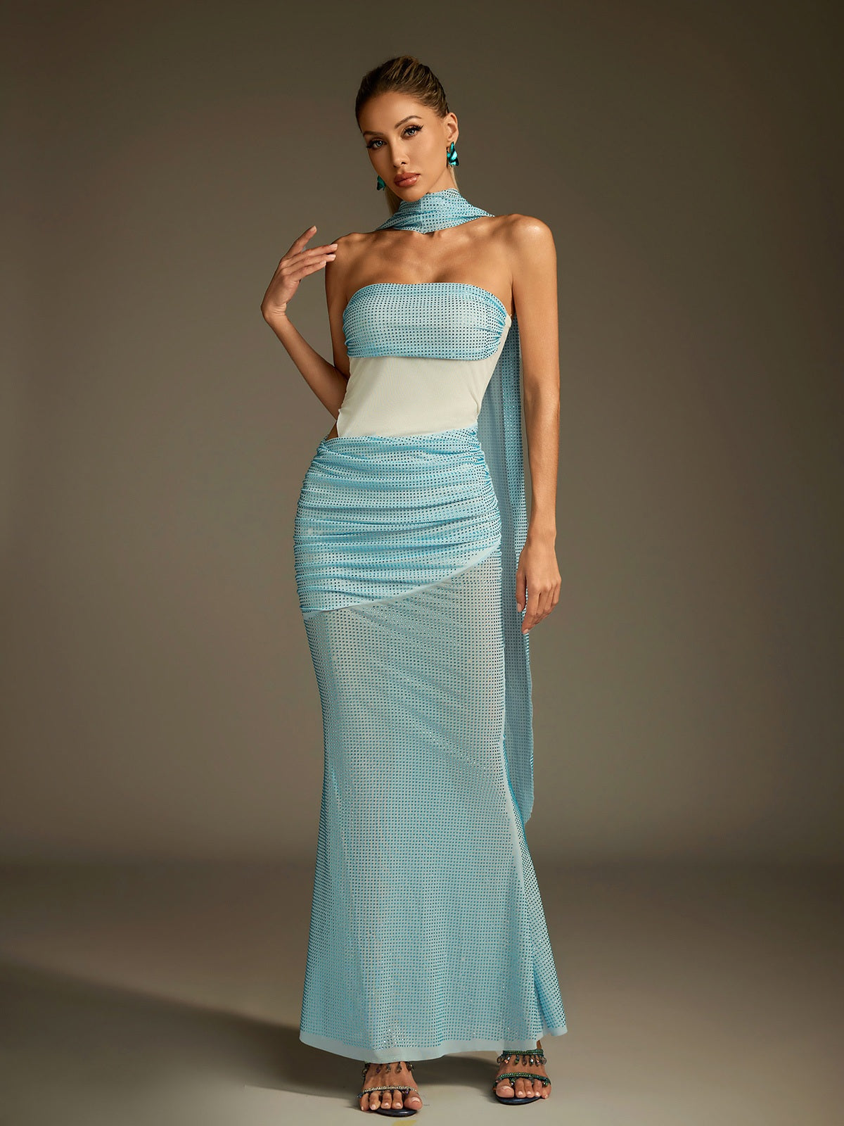 Strapless Crystal Mesh Panel Hip Drape Midi Gown with Choker Scarf Train