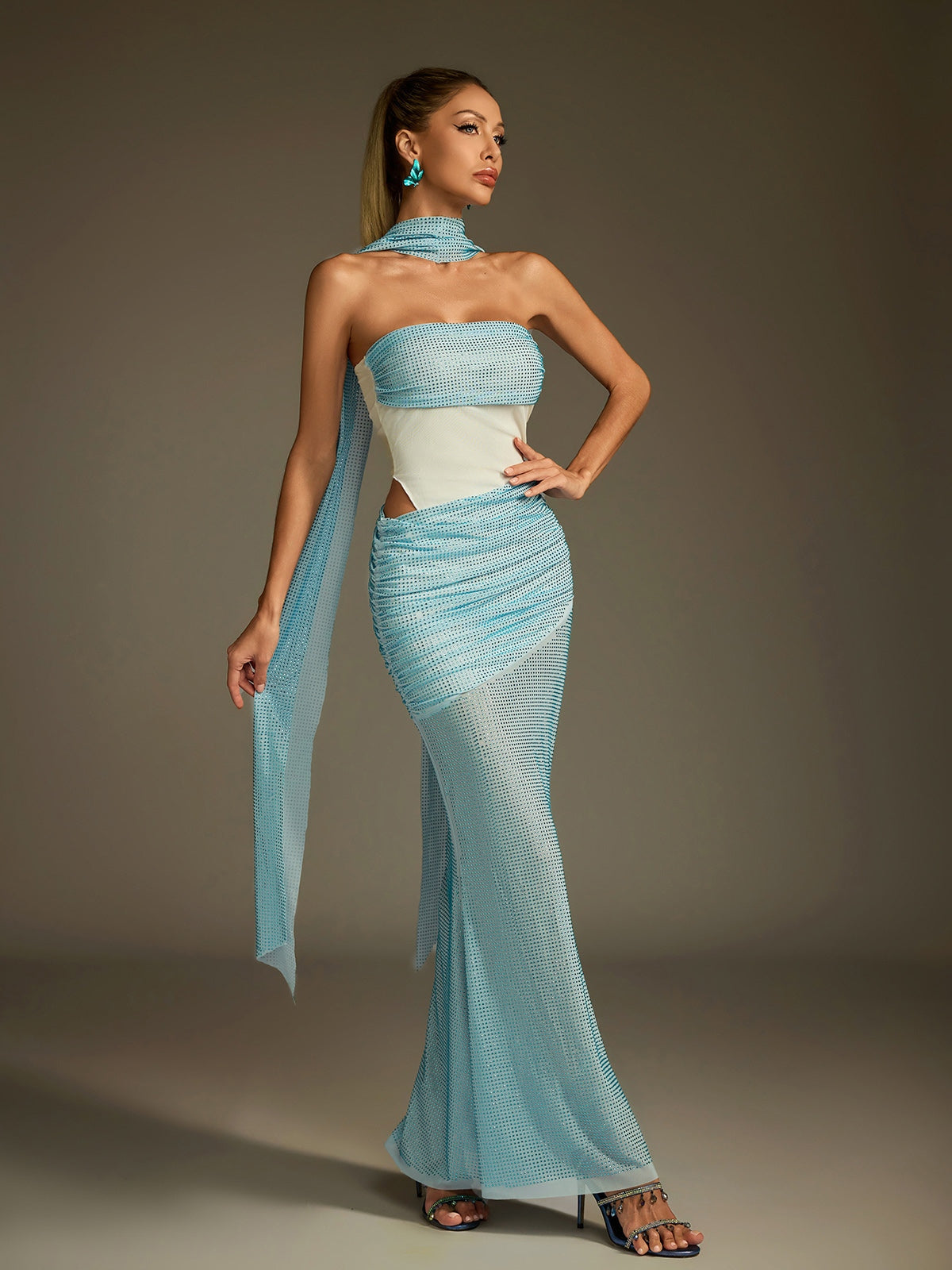 Strapless Crystal Mesh Panel Hip Drape Midi Gown with Choker Scarf Train