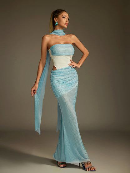 Strapless Crystal Mesh Panel Hip Drape Midi Gown with Choker Scarf Train
