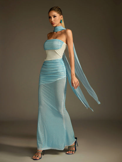 Strapless Crystal Mesh Panel Hip Drape Midi Gown with Choker Scarf Train