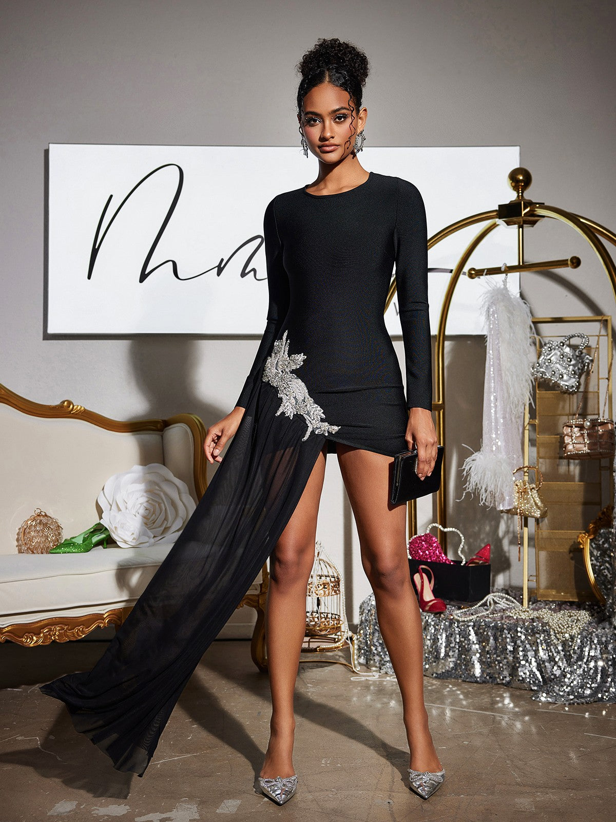 Crew Neck Long Sleeve Crystal Floral Applique Asymmetric Panel Mini Dress