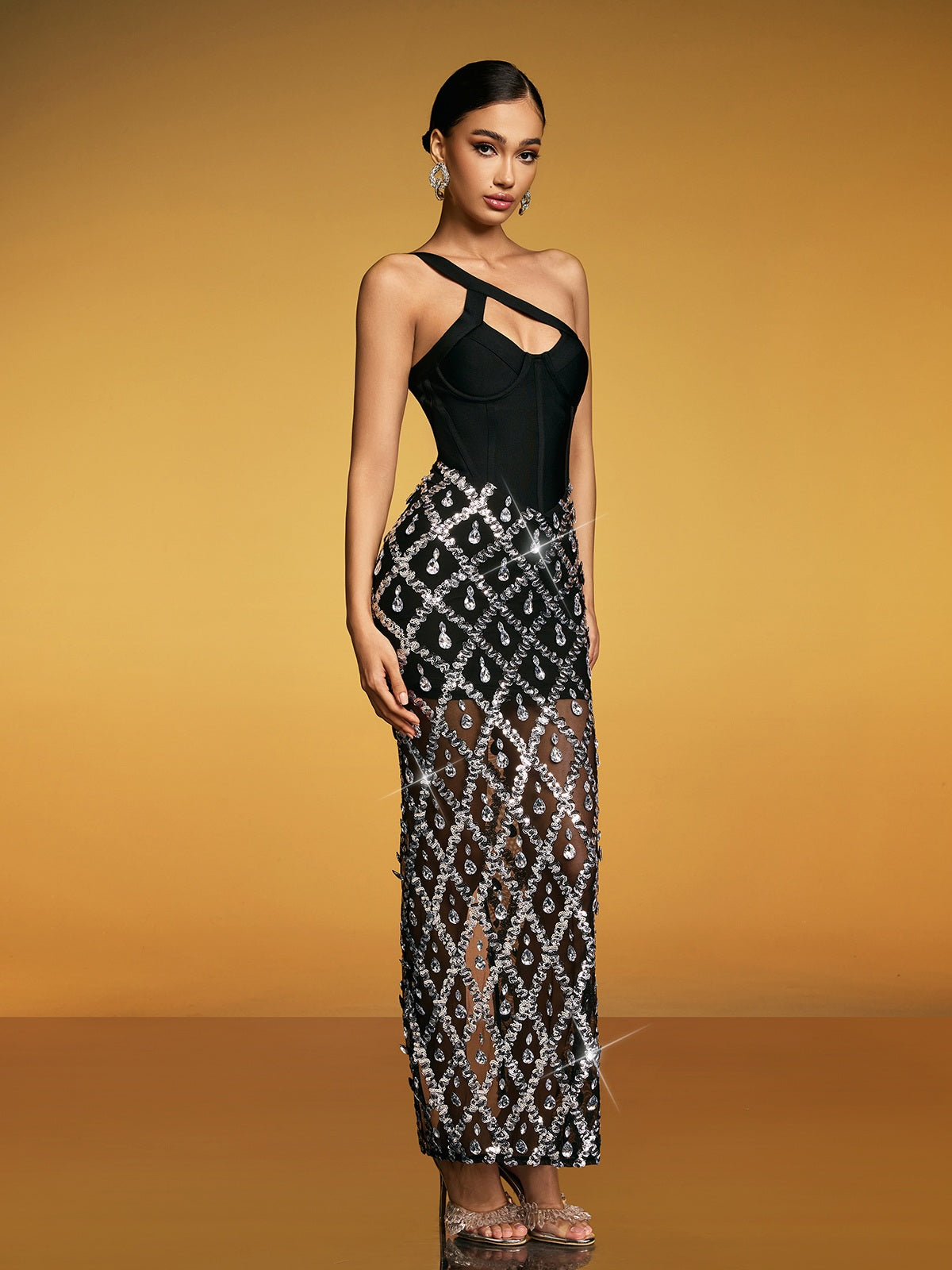 One Shoulder Corset Cutout Rhinestone Grid Mesh Column Maxi Gown