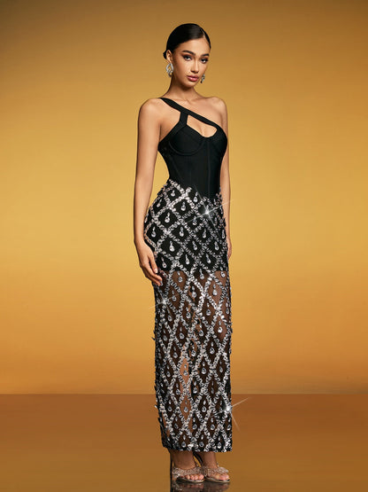 One Shoulder Corset Cutout Rhinestone Grid Mesh Column Maxi Gown